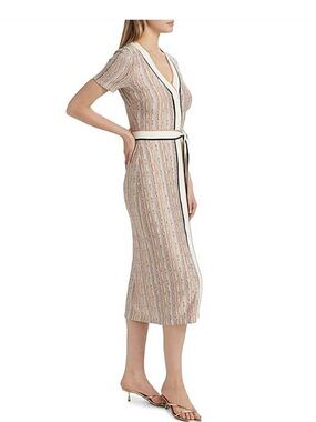 Ramy Brook NWT Rhonda Knit Belted Midi Dress in Beige and Cream